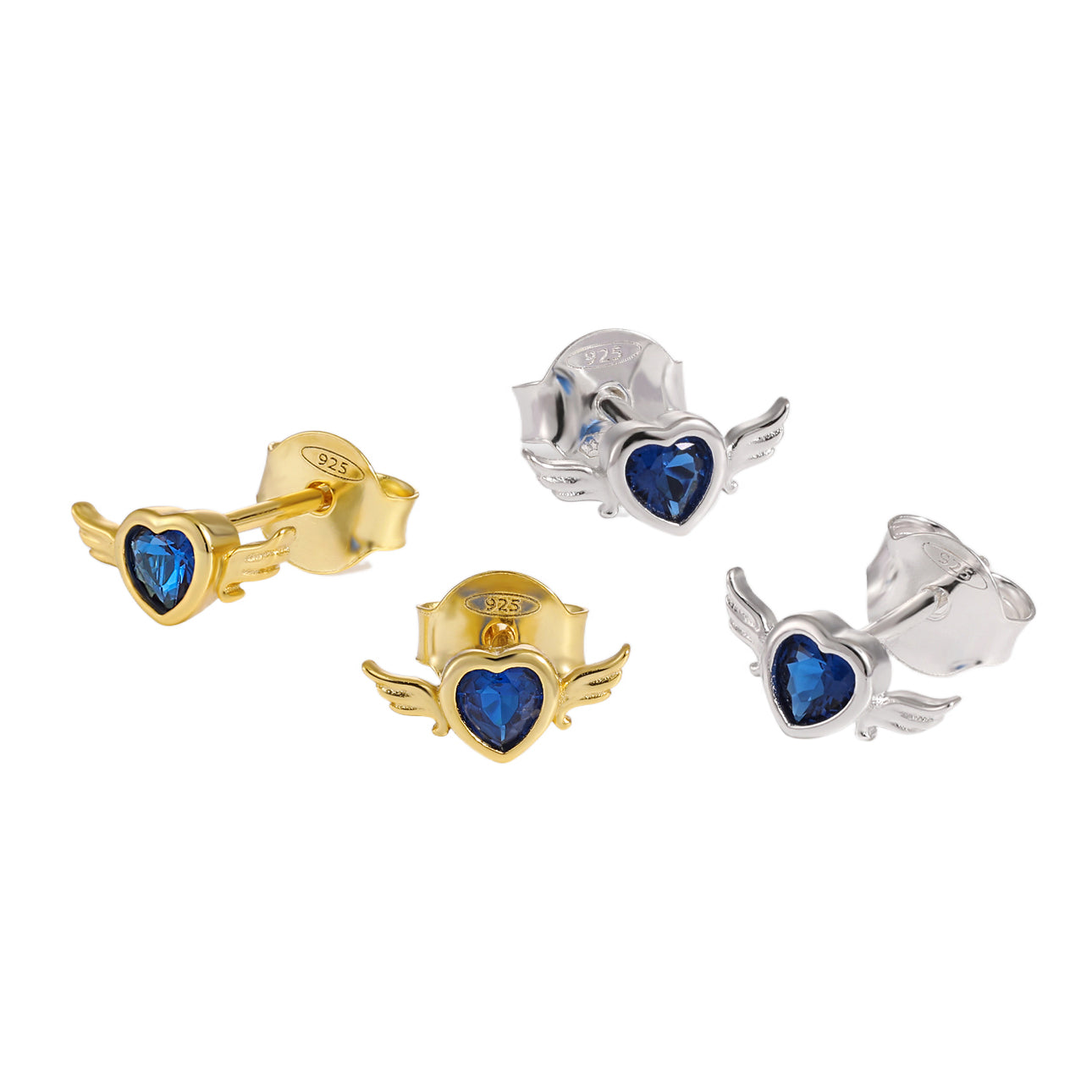 Blue CZ Flying Heart Stud Earrings - 925 Silver & 18K Gold