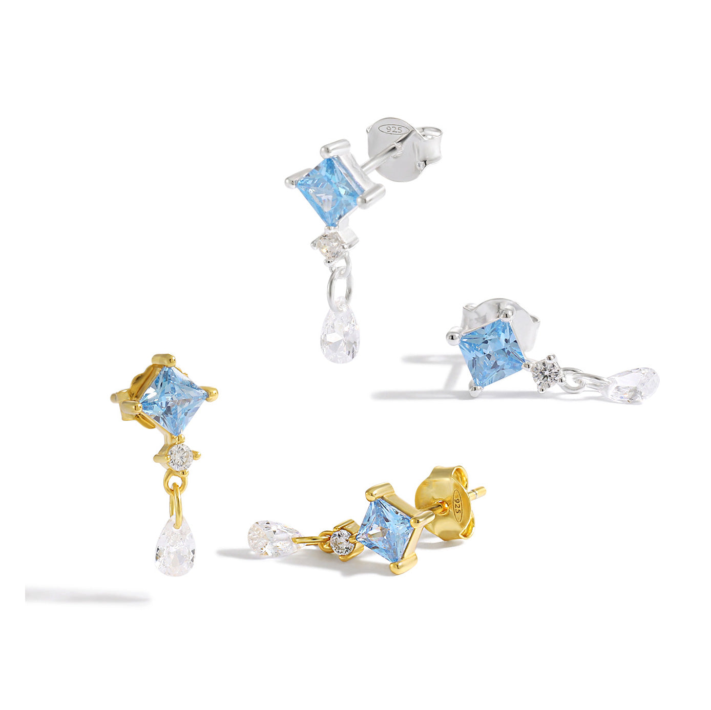 Blue Rhombus CZ Dangling Earrings - 925 Sterling Silver