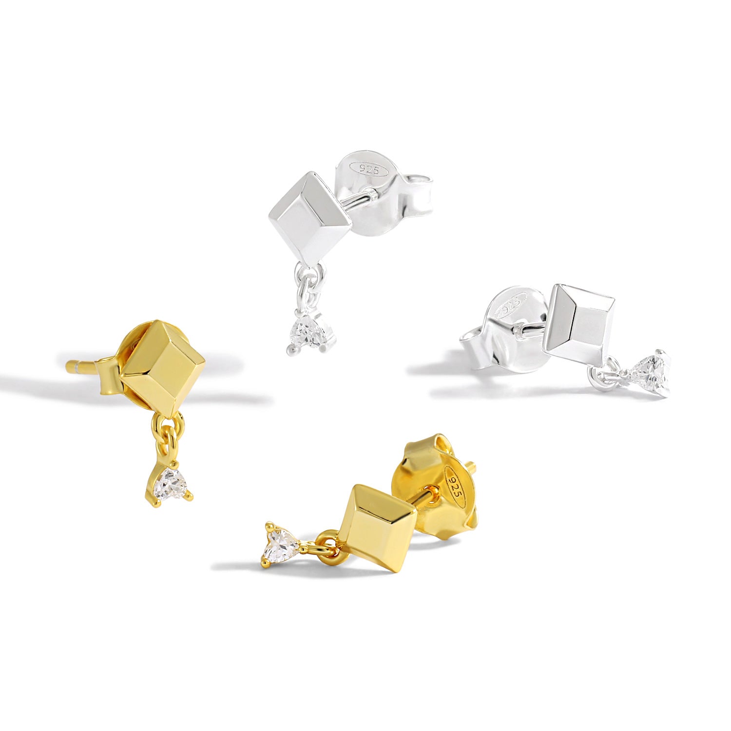 Geometric Heart CZ Stud Earrings - 925 Sterling Silver