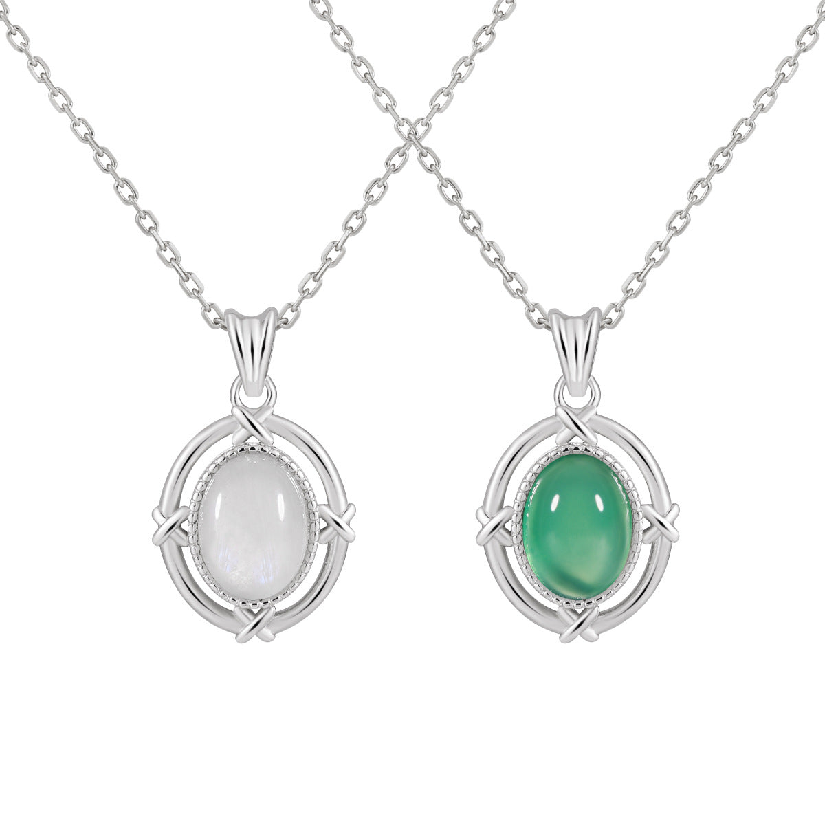 Geometric Oval Moonstone & Green Agate Necklace - 925 Sterling Silver