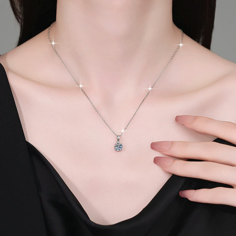 Moissanite Four Claw Pendant Necklace | Rhodium Finish | S925 Sterling Silver | GRA Certified