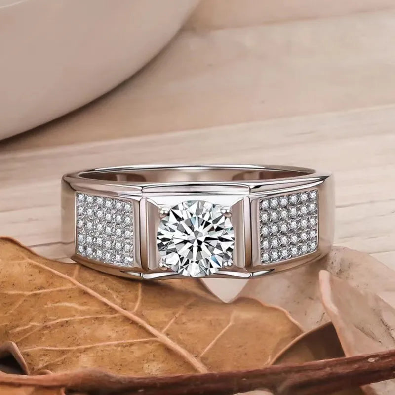 1Ct VVS1 Moissanite Men's Ring Band | Full Star Cut | Rhodium Finish | 925 Sterling Silver | GRA Certified