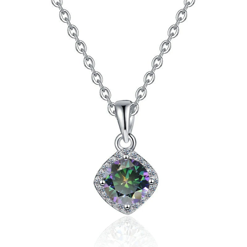 Square Cut Coloured Moissanite Pendant Necklace | Rhodium Finish | S925 Sterling Silver | GRA Certified