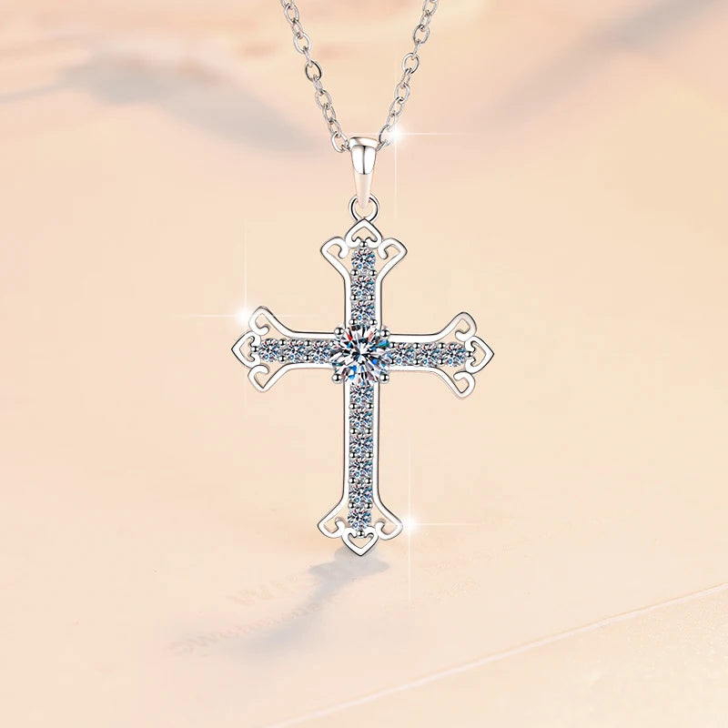 S925 Sterling Silver Cross Moissanite Pendant Necklace – Rhodium Finish | GRA Certified