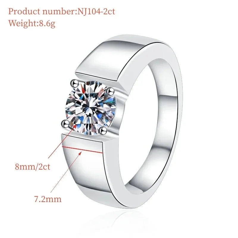 1Ct & 2Ct VVS1 Moissanite Men's Ring | Premium Claw Set | Rhodium Finish | 925 Sterling Silver | GRA Certified