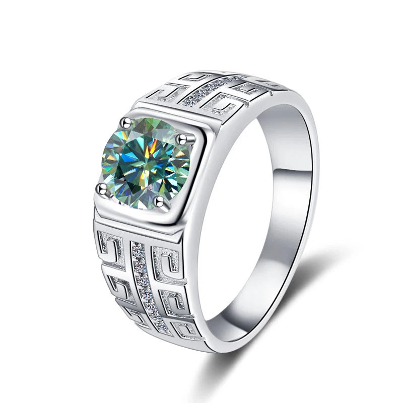 1CT Coloured Moissanite Claw Set Men's Ring | Rhodium Finish | S925 Sterling Silver | GRA Certified