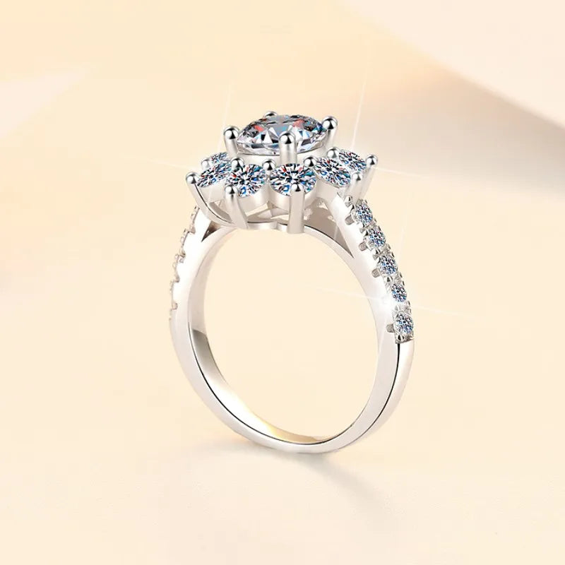 Round Brilliant Moissanite Flower Ring | 1ct–2ct VVS1 D Colour | GRA Certified | S925 Silver