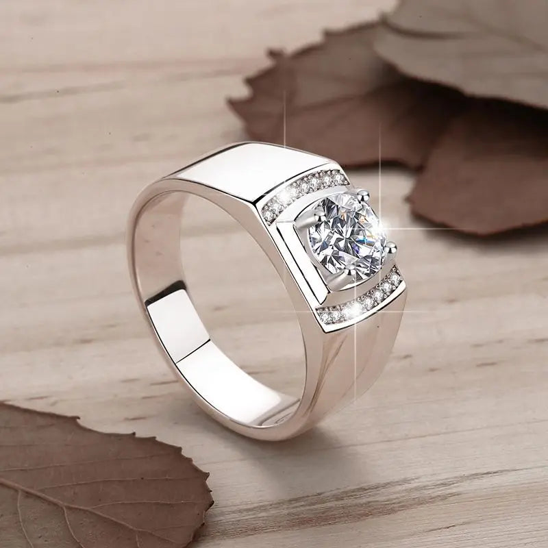 1Ct VVS1 Moissanite Men's Ring | White Gold Finish | Rhodium Plated | 925 Sterling Silver | GRA Certified