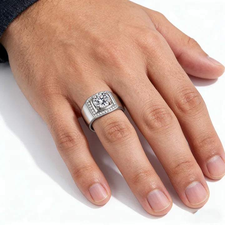 1Ct VVS1 Moissanite Men's Ring | White Gold Finish | Rhodium Plated | 925 Sterling Silver | GRA Certified