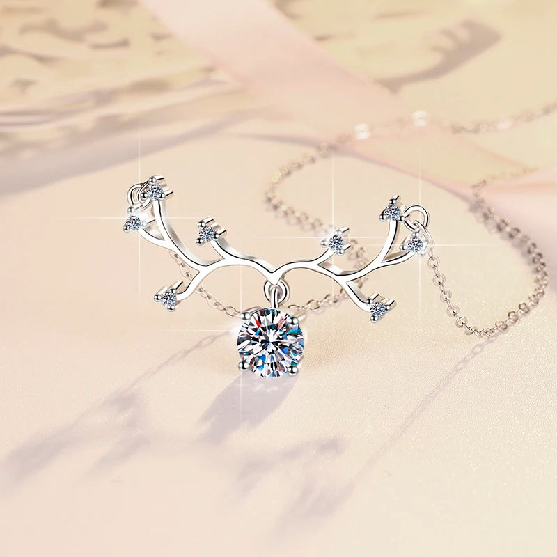 Antler Moissanite Pendant Necklace | Rhodium Finish | S925 Sterling Silver | GRA Certified