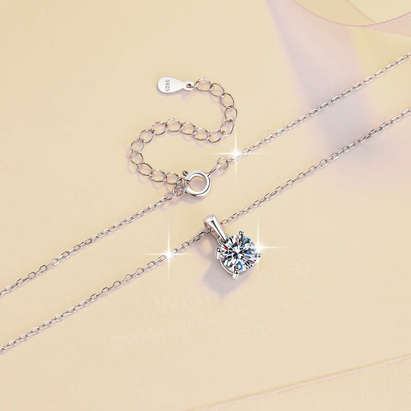 Moissanite Four Claw Pendant Necklace | Rhodium Finish | S925 Sterling Silver | GRA Certified