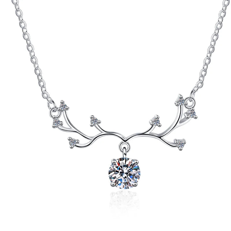 Antler Moissanite Pendant Necklace | Rhodium Finish | S925 Sterling Silver | GRA Certified