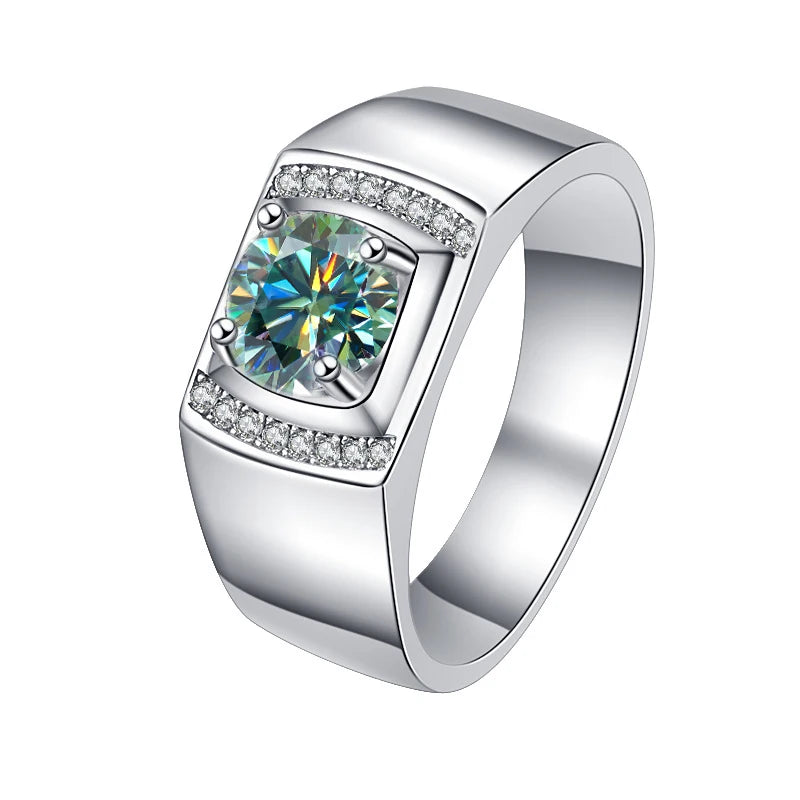 1Ct VVS1 Moissanite Men's Ring | White Gold Finish | Rhodium Plated | 925 Sterling Silver | GRA Certified