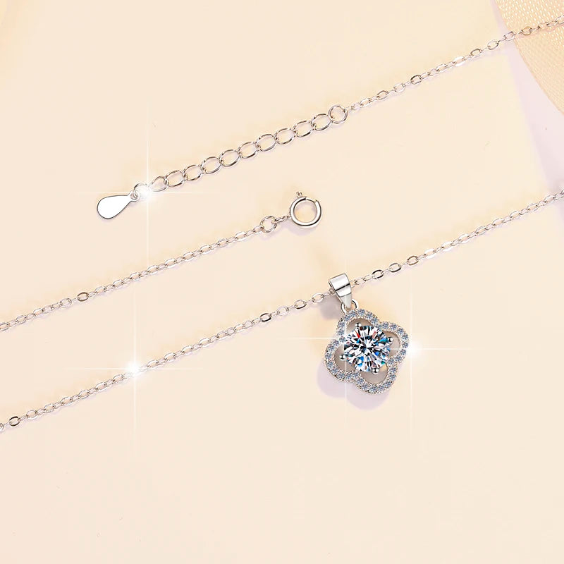 Four Leaf Clover Moissanite Pendant Necklace | 18K Gold & Rhodium Finish | S925 Sterling Silver | GRA Certified