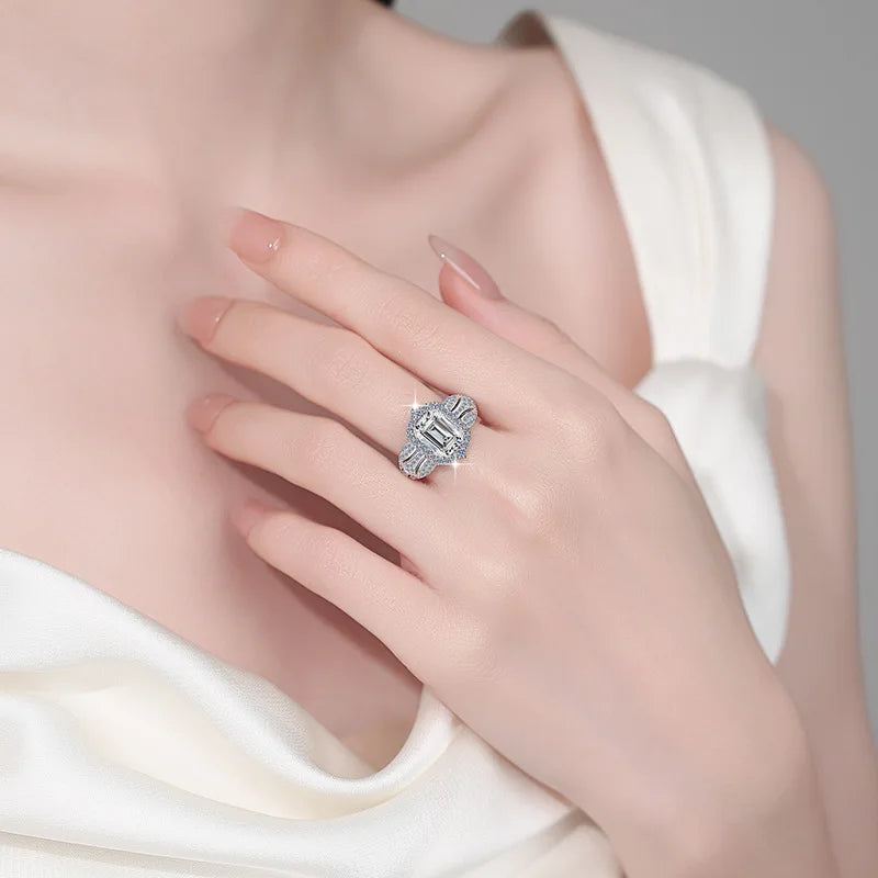 3ct Emerald & Radiant Cut Moissanite Engagement Ring | VVS1 D Colour | GRA Certified | S925 Silver | Rhodium Plated