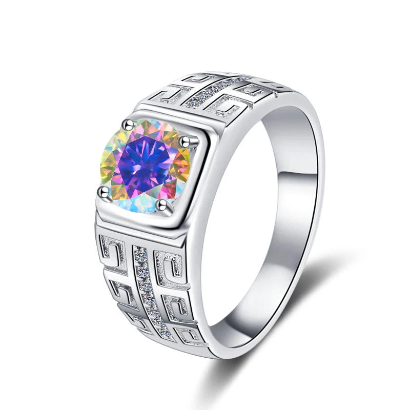 1CT Coloured Moissanite Claw Set Men's Ring | Rhodium Finish | S925 Sterling Silver | GRA Certified