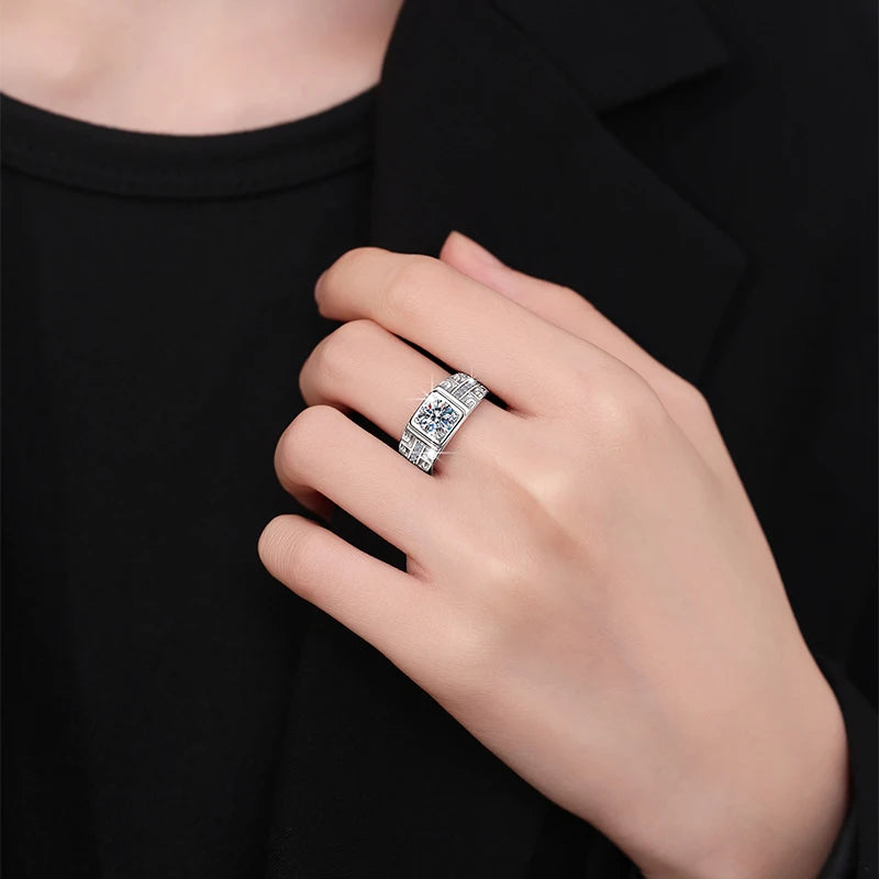 1CT Coloured Moissanite Claw Set Men's Ring | Rhodium Finish | S925 Sterling Silver | GRA Certified