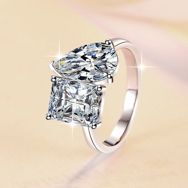 Two Stone Radiant Cut Moissanite Ring | 2CT+2CT & 3CT+3CT | 925 Sterling Silver | Rhodium Finish | GRA Certified