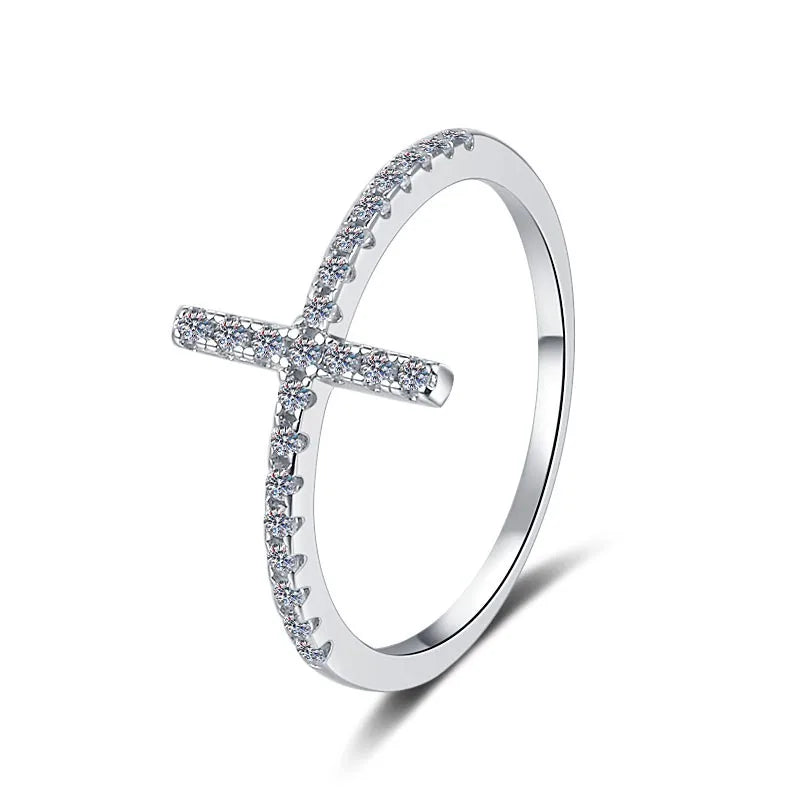 Cross Moissanite Stackable Eternity Band Ring – Rhodium Finish | S925 Sterling Silver | GRA Certified