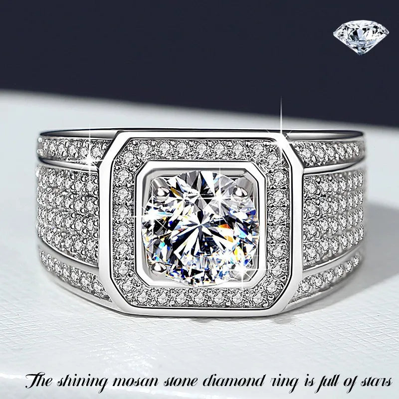 2CT Moissanite Solitaire Men's Ring | Rhodium Finish | S925 Sterling Silver | GRA Certified