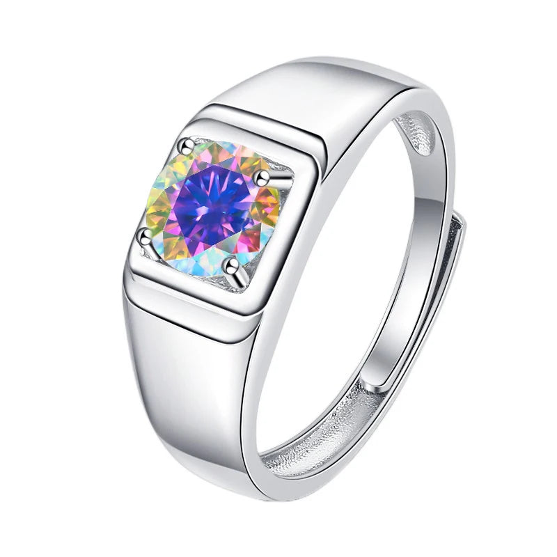 1CT Coloured Moissanite Prong Set Men's Ring | Rhodium Finish | S925 Sterling Silver | GRA Certified