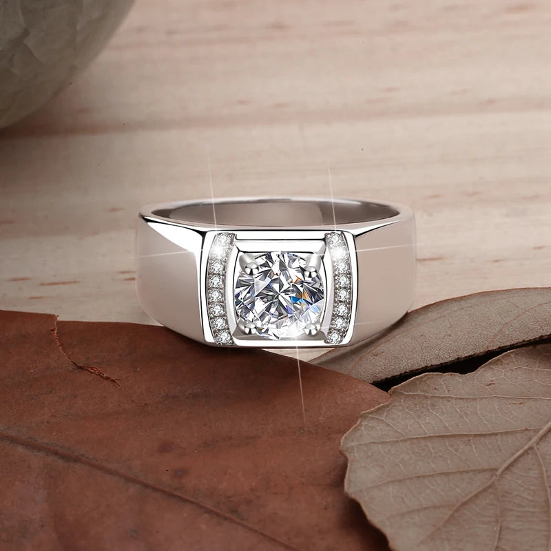 1Ct VVS1 Moissanite Men's Ring | White Gold Finish | Rhodium Plated | 925 Sterling Silver | GRA Certified