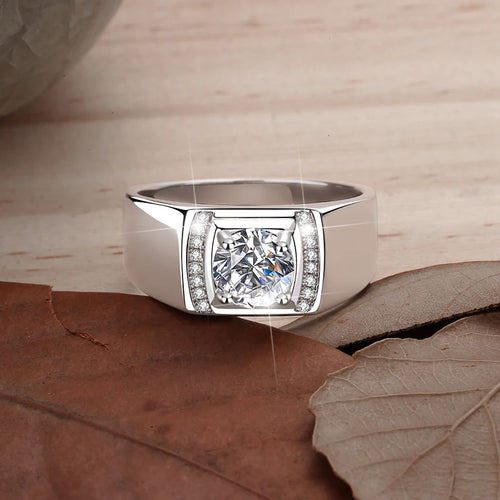 1Ct VVS1 Moissanite Men's Ring | White Gold Finish | Rhodium Plated | 925 Sterling Silver | GRA Certified