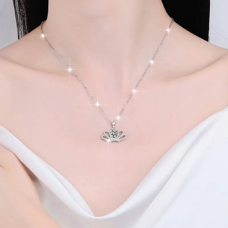 Moissanite Crown Pendant Necklace | Rhodium Finish | S925 Sterling Silver | GRA Certified