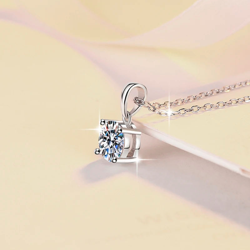 Moissanite Four Claw Pendant Necklace | Rhodium Finish | S925 Sterling Silver | GRA Certified