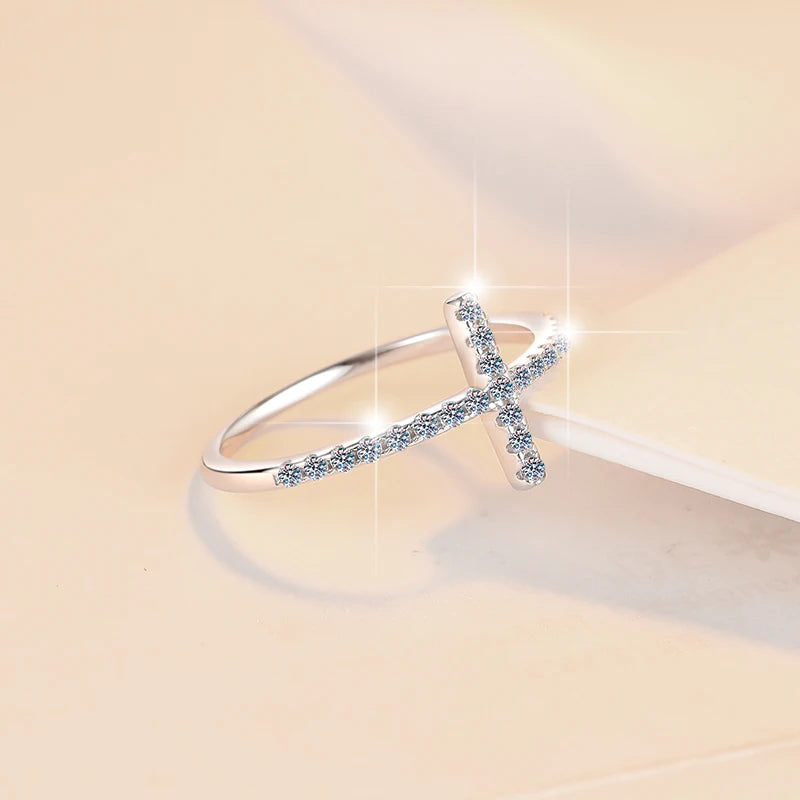 Cross Moissanite Stackable Eternity Band Ring – Rhodium Finish | S925 Sterling Silver | GRA Certified