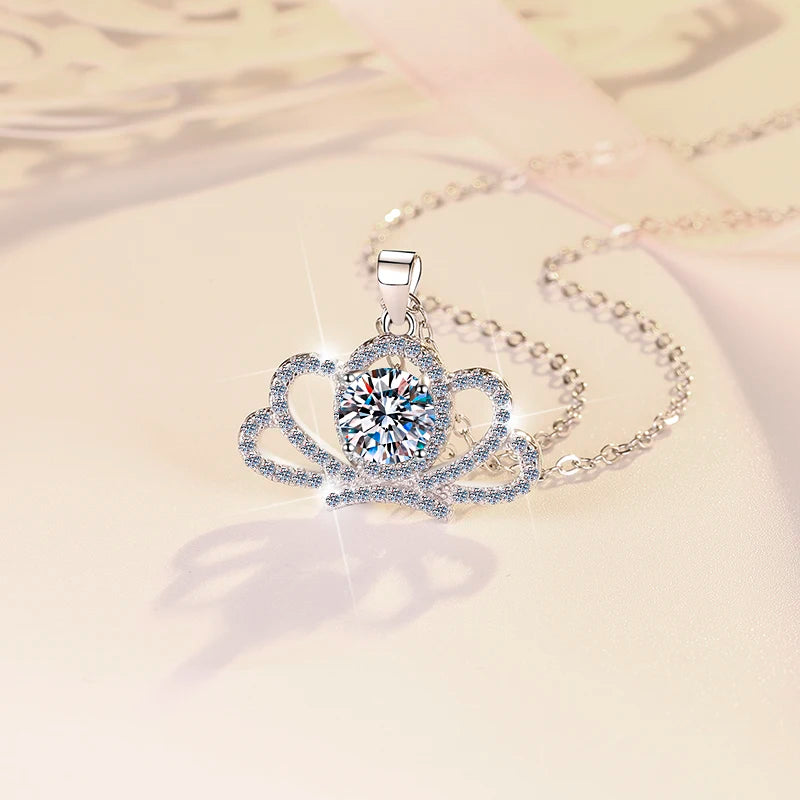 Moissanite Crown Pendant Necklace | Rhodium Finish | S925 Sterling Silver | GRA Certified
