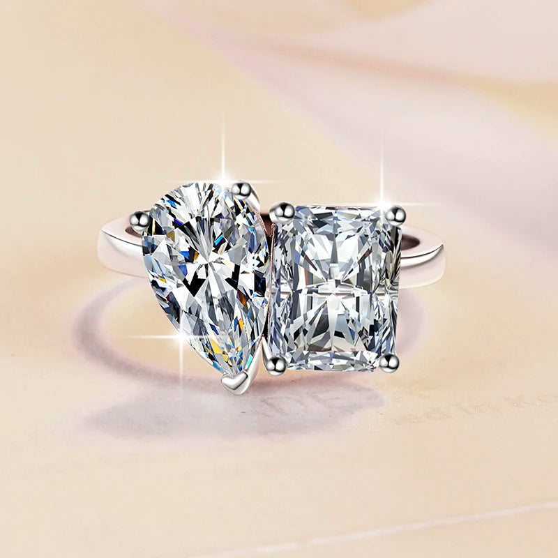 Two Stone Radiant Cut Moissanite Ring | 2CT+2CT & 3CT+3CT | 925 Sterling Silver | Rhodium Finish | GRA Certified