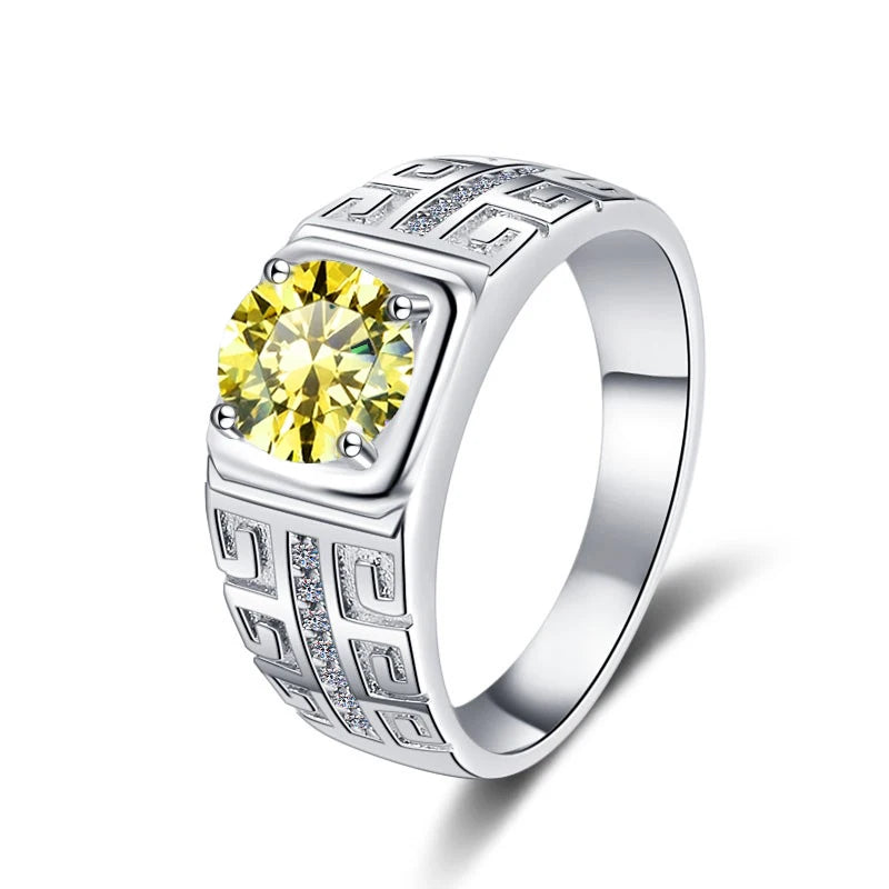 1CT Coloured Moissanite Claw Set Men's Ring | Rhodium Finish | S925 Sterling Silver | GRA Certified