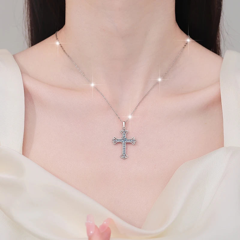 S925 Sterling Silver Cross Moissanite Pendant Necklace – Rhodium Finish | GRA Certified