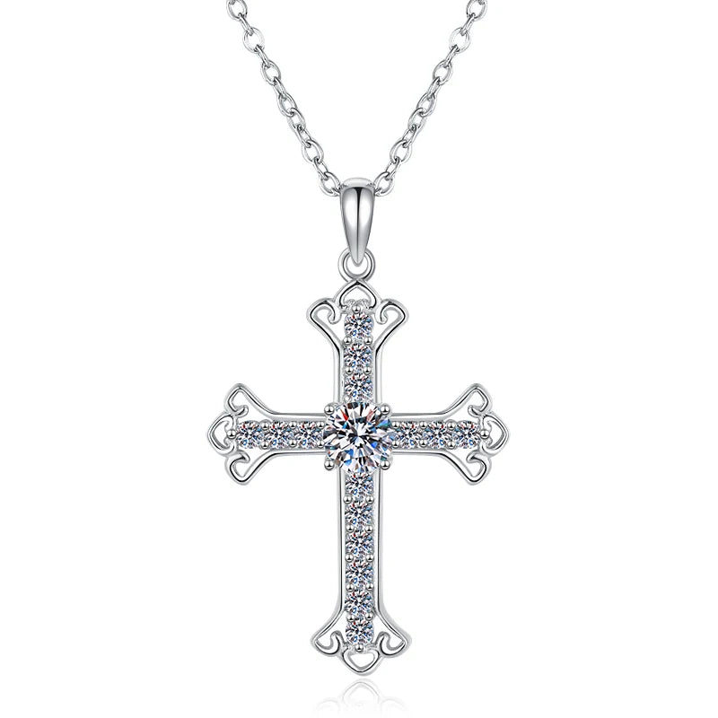 S925 Sterling Silver Cross Moissanite Pendant Necklace – Rhodium Finish | GRA Certified