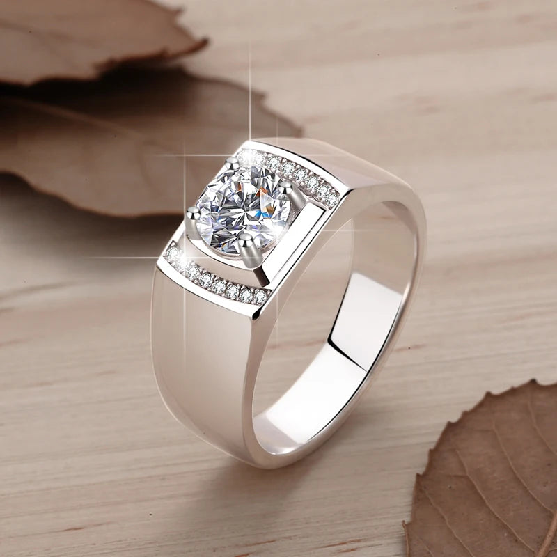 1Ct VVS1 Moissanite Men's Ring | White Gold Finish | Rhodium Plated | 925 Sterling Silver | GRA Certified