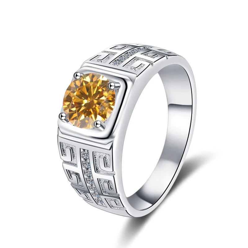 1CT Coloured Moissanite Claw Set Men's Ring | Rhodium Finish | S925 Sterling Silver | GRA Certified