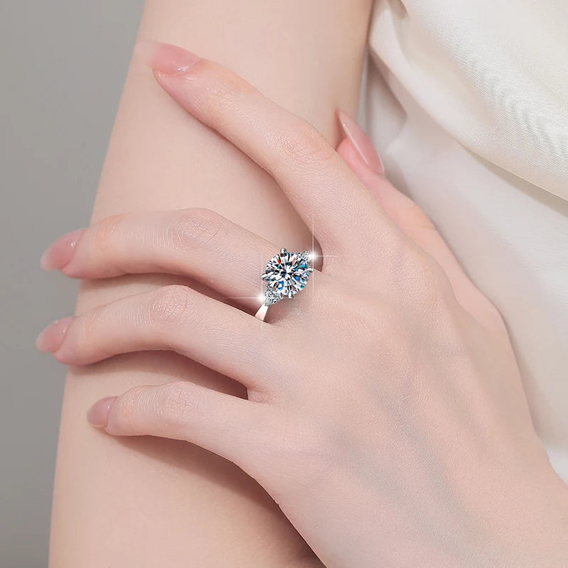 Three Stone Moissanite Engagement Ring | 4CT & 5CT | 925 Sterling Silver | Rhodium Finish | GRA Certified