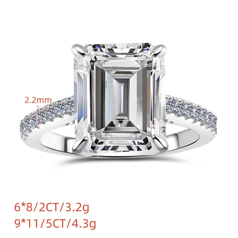 Emerald Cut Moissanite Engagement Ring | 2CT & 5CT | 925 Sterling Silver | Rhodium Finish | GRA Certified