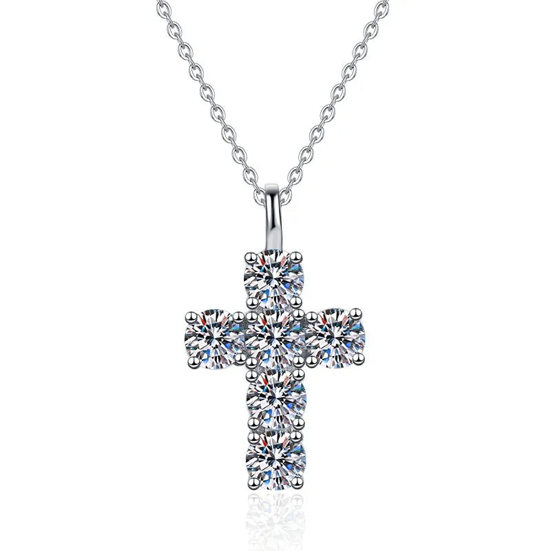 S925 Sterling Silver Multi-Stone Cross Moissanite Pendant Necklace – Rhodium Finish | GRA Certified