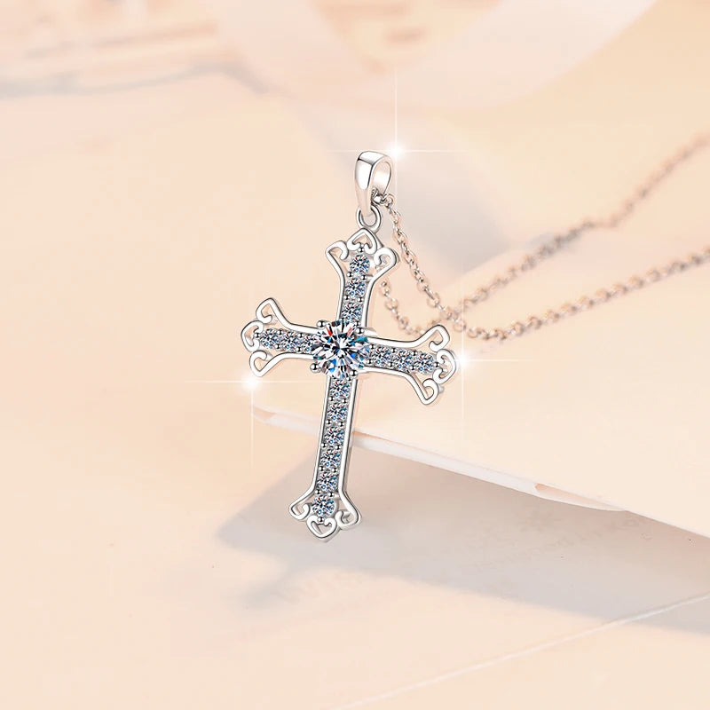 S925 Sterling Silver Cross Moissanite Pendant Necklace – Rhodium Finish | GRA Certified