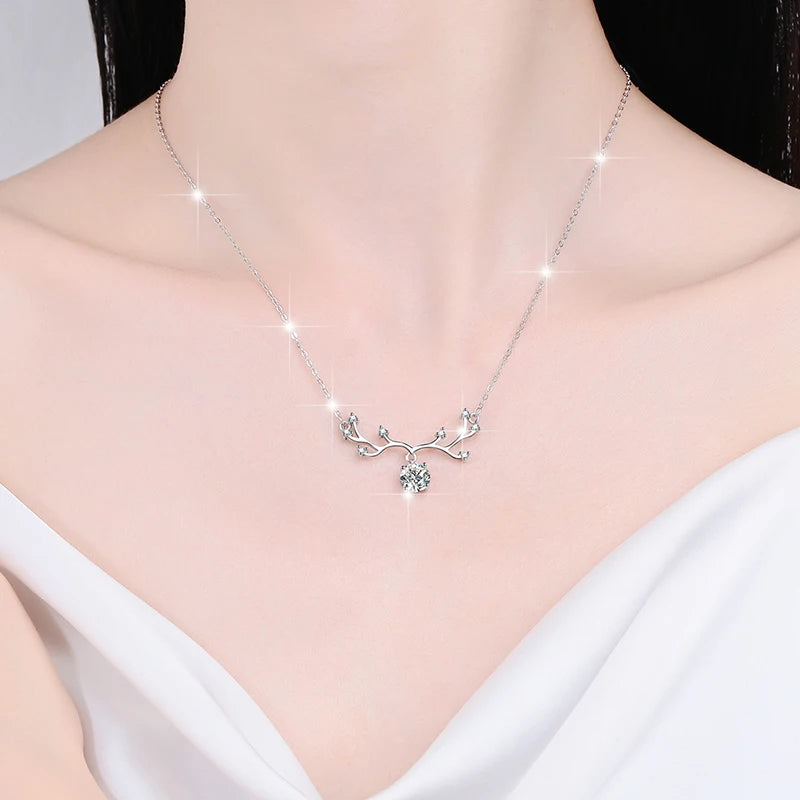 Antler Moissanite Pendant Necklace | Rhodium Finish | S925 Sterling Silver | GRA Certified