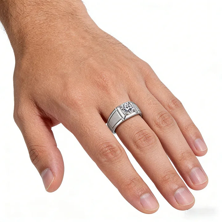 1Ct & 2Ct VVS1 Moissanite Men's Ring | Claw Set | Rhodium Finish | 925 Sterling Silver | GRA Certified