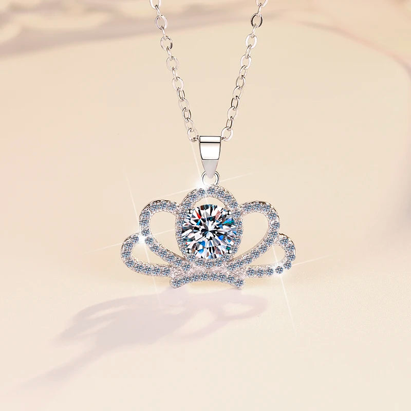 Moissanite Crown Pendant Necklace | Rhodium Finish | S925 Sterling Silver | GRA Certified
