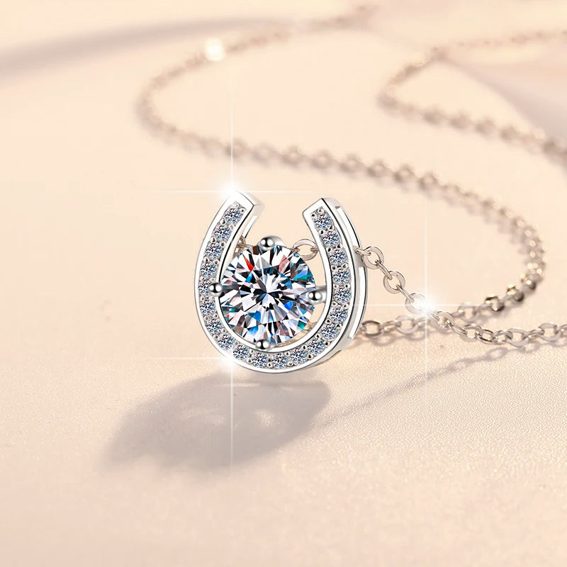 S925 Sterling Silver Horseshoe Moissanite Pendant Necklace – Rhodium Finish | GRA Certified