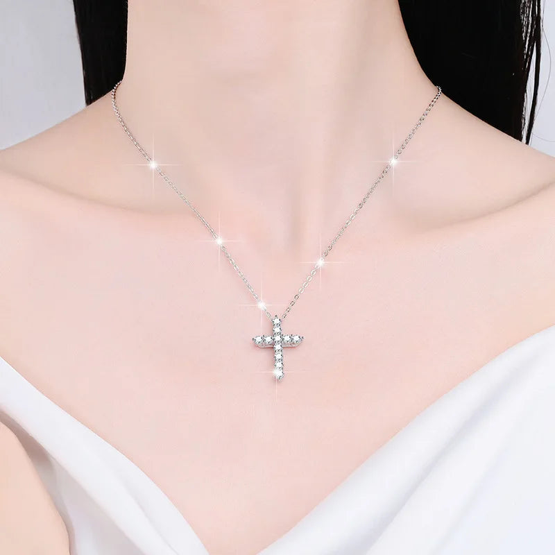 Moissanite Cross Pendant Necklace | Rhodium Finish | S925 Sterling Silver | GRA Certified