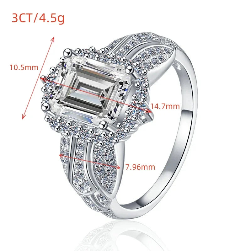 3ct Emerald & Radiant Cut Moissanite Engagement Ring | VVS1 D Colour | GRA Certified | S925 Silver | Rhodium Plated