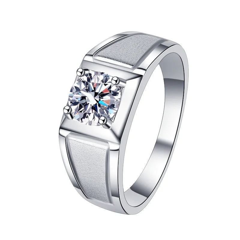 1Ct & 2Ct VVS1 Moissanite Men's Ring | Claw Set | Rhodium Finish | 925 Sterling Silver | GRA Certified