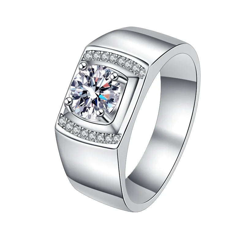 1Ct VVS1 Moissanite Men's Ring | White Gold Finish | Rhodium Plated | 925 Sterling Silver | GRA Certified