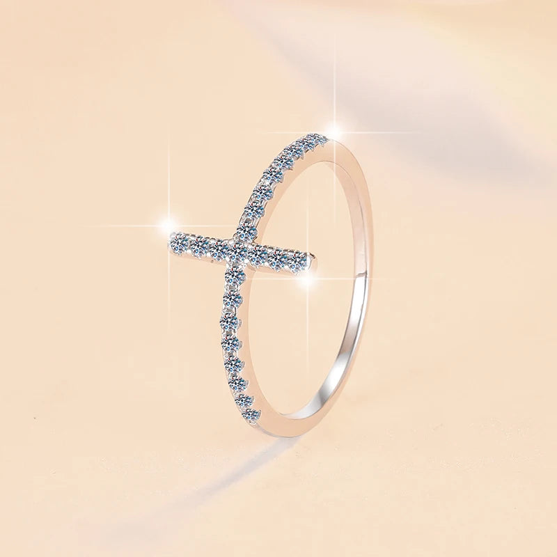 Cross Moissanite Stackable Eternity Band Ring – Rhodium Finish | S925 Sterling Silver | GRA Certified